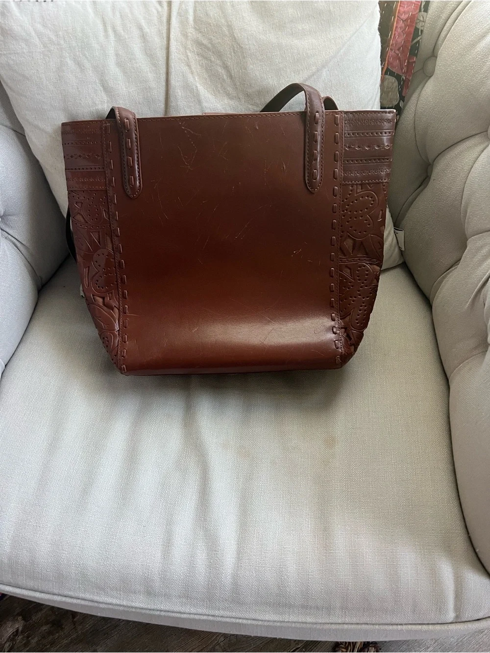 Fossil Brown Leather Tote Bag with Embossed Detail - Women